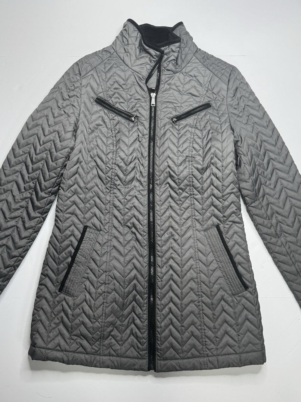 INC International Concepts Womens L Gray Chevron Quilted Belted Zip Coat